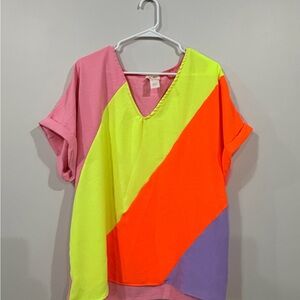 BiBi Pink and Yellow V-Neck Top